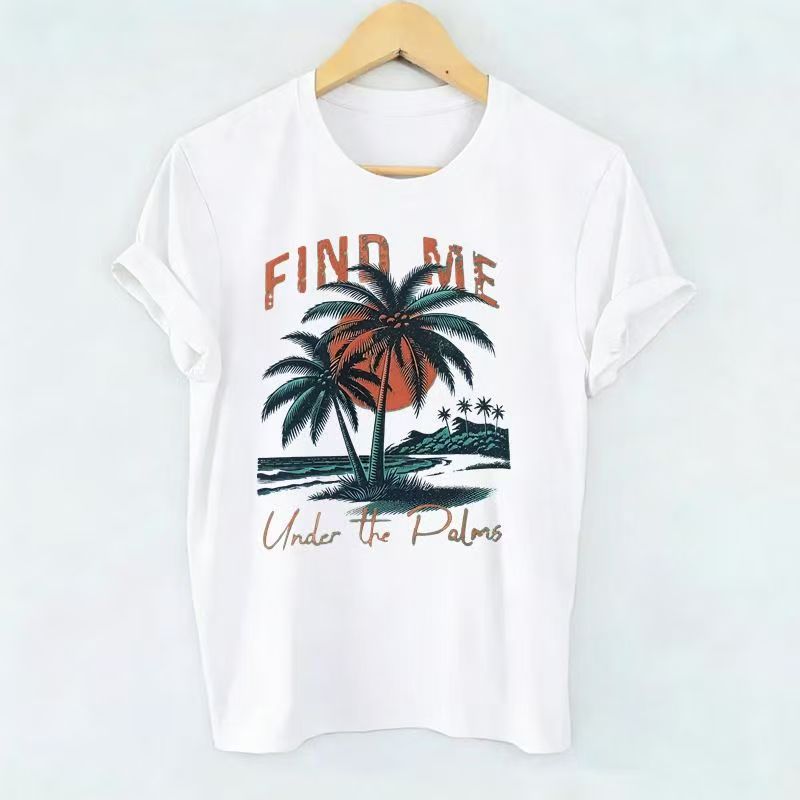 Retro US Vacation Palm Tree Women Short Sleeve Basic T-shirt