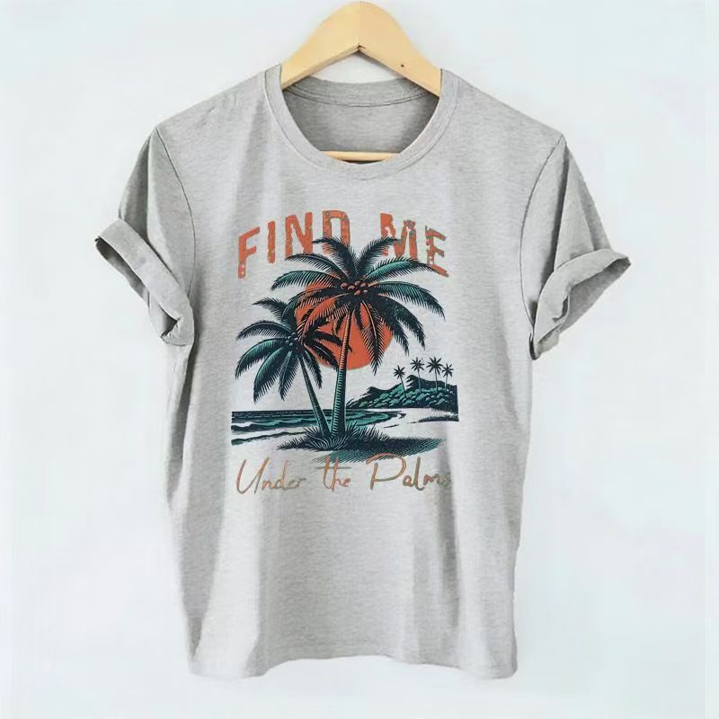 Retro US Vacation Palm Tree Women Short Sleeve Basic T-shirt