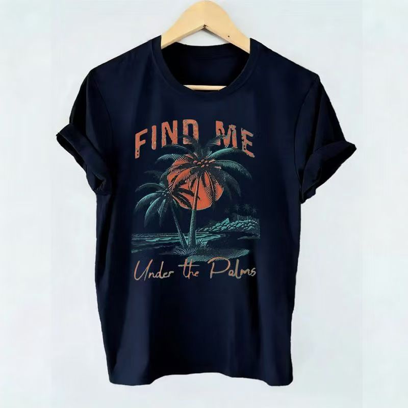 Retro US Vacation Palm Tree Women Short Sleeve Basic T-shirt