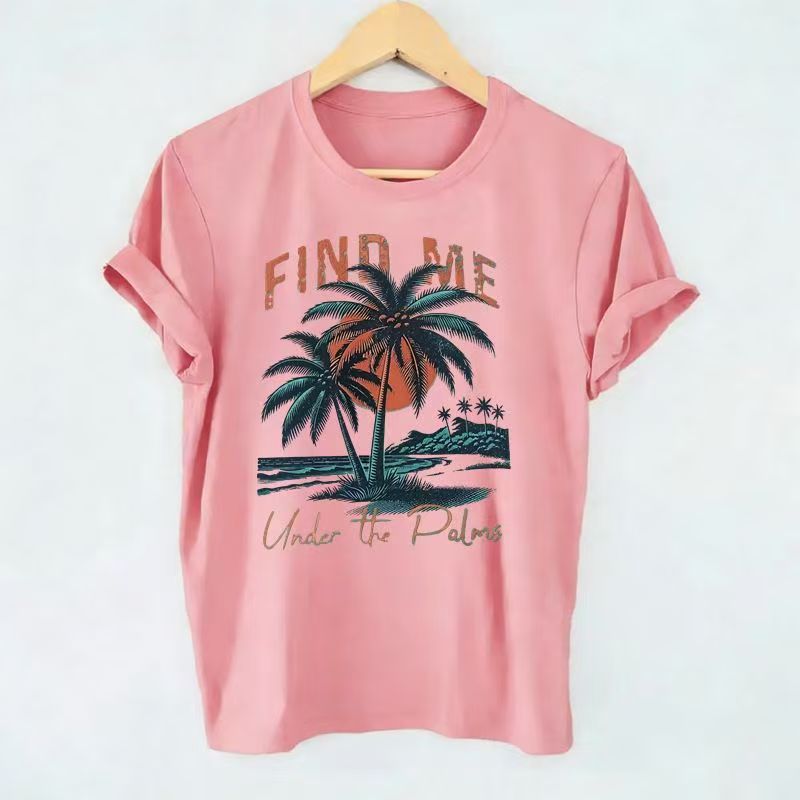 Retro US Vacation Palm Tree Women Short Sleeve Basic T-shirt