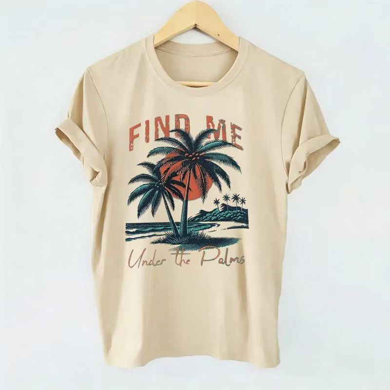 Retro US Vacation Palm Tree Women Short Sleeve Basic T-shirt