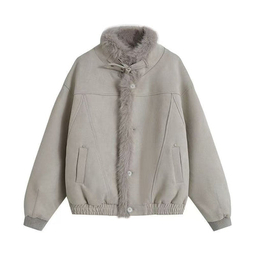Coffee suede fur collar patchwork jacket