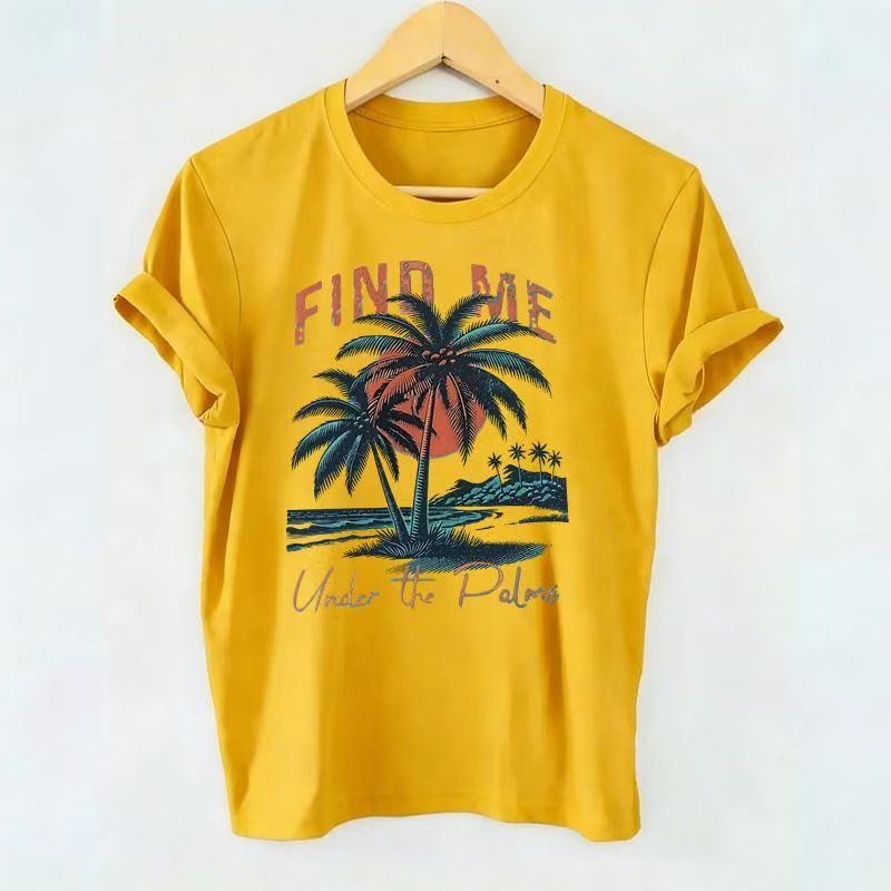 Retro US Vacation Palm Tree Women Short Sleeve Basic T-shirt
