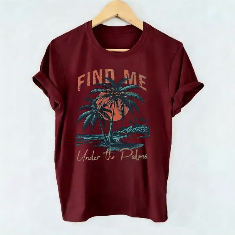 Retro US Vacation Palm Tree Women Short Sleeve Basic T-shirt